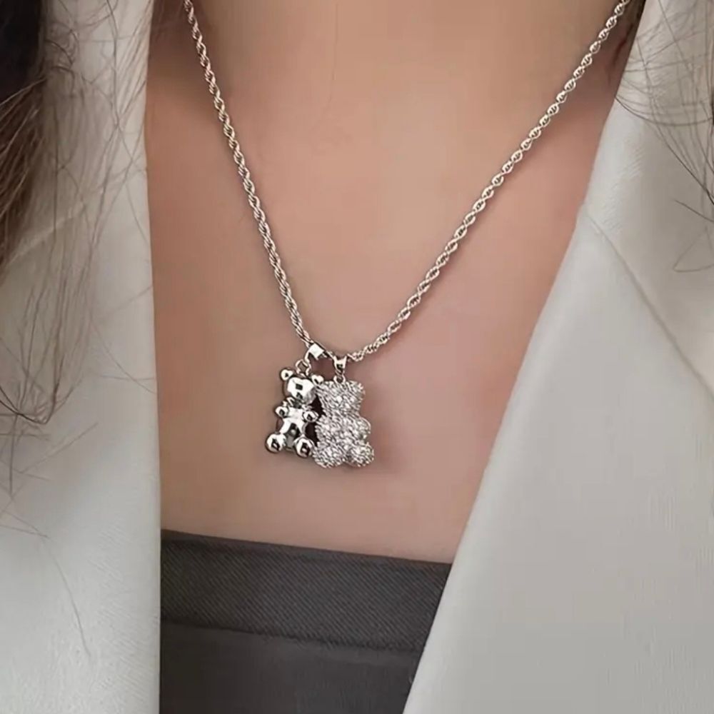 Silver Crystal Bear Pendant Necklace